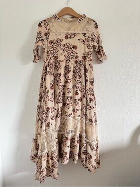 Joyfolie Boho Floral Lace-Trim Midi Dress in Cream and Burgundy